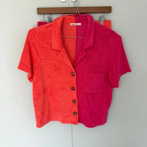 MARINE LAYER Women’s Terry Out Jacquard Resort Shirt in Hot Coral Colorblock - Picture 6 of 14